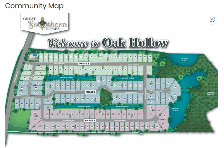 New construction at Oak Hollow in Longs - Community Map by Great Southern Homes
